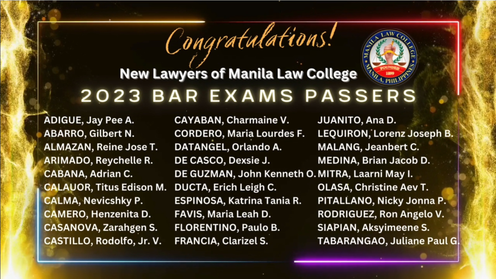 Manila Law College Congratulates 30 Graduates for Passing the 2023 Bar Examinations